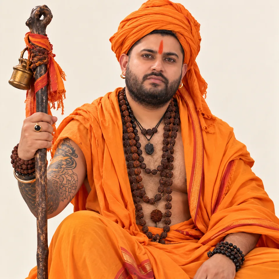 Pandit Ankush Ji in traditional saffron attire